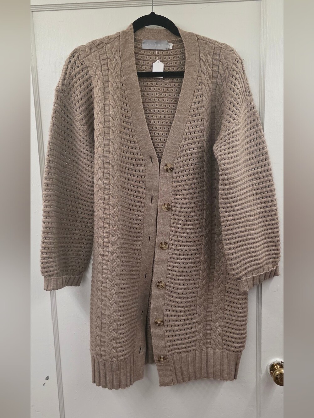 NYLAND Long Cable Knit Open Knit Cardigan Sweater Taupe Size Small